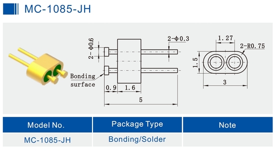 2-Pin Nail Head Glass To Metal Hermetic Seal Header With Gold Wire Bonding Surface MC-1085-JH