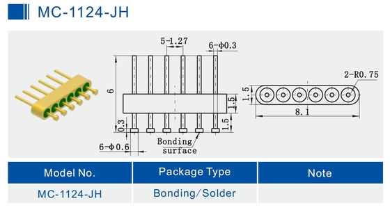 6-Pin Nail Head Glass To Metal Hermetic Seal Header With Gold Wire Bonding Surface MC-1124-JH